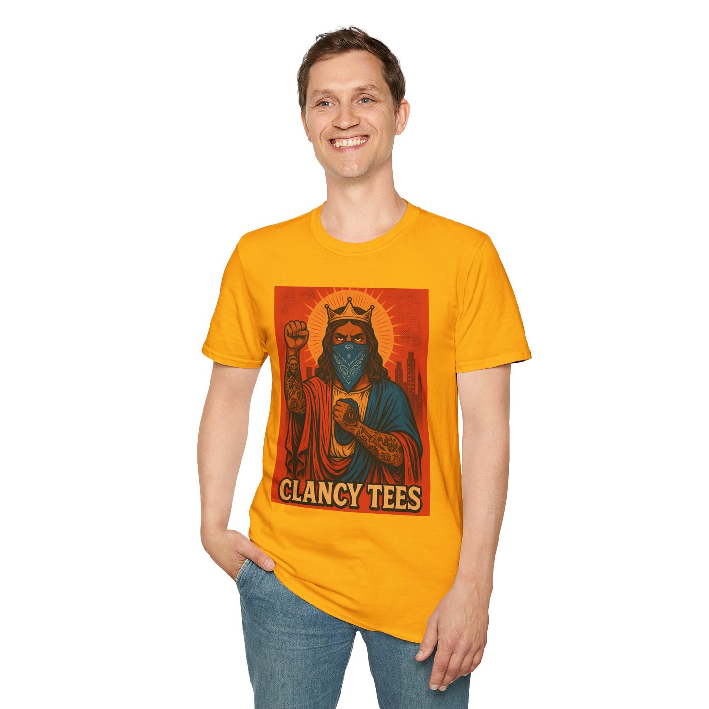 Tattooed Jesus Street Art Shirt – Clancy Tees | Urban Messiah Graphic Tee | Bold Religious Satire Shirt | King of the Block Tee