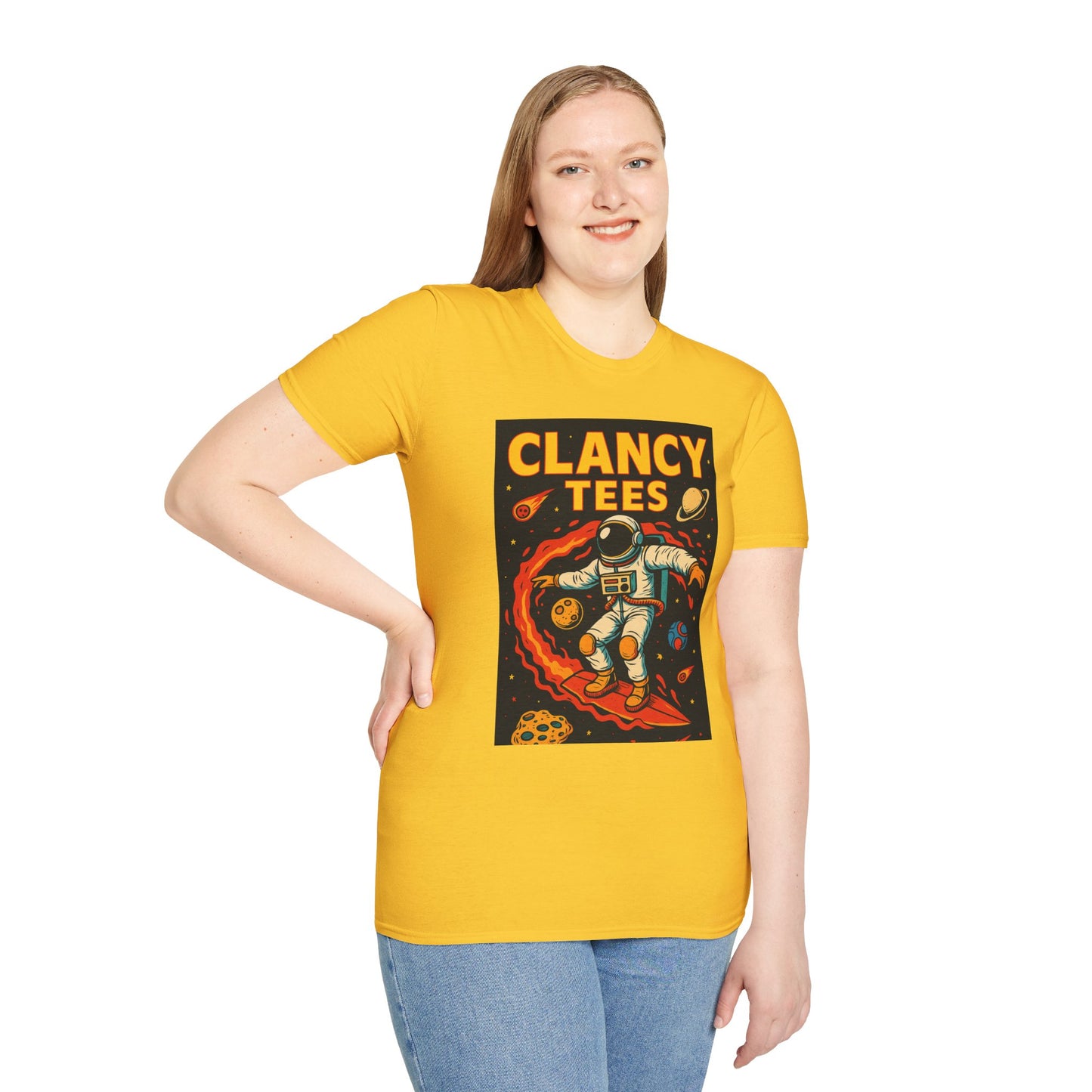 Astronaut Surfing T-Shirt – Outer Space Surfer Tee – Gift for Sci-Fi Beach Bums, Stoner Surfers, and Cosmic Wave Riders