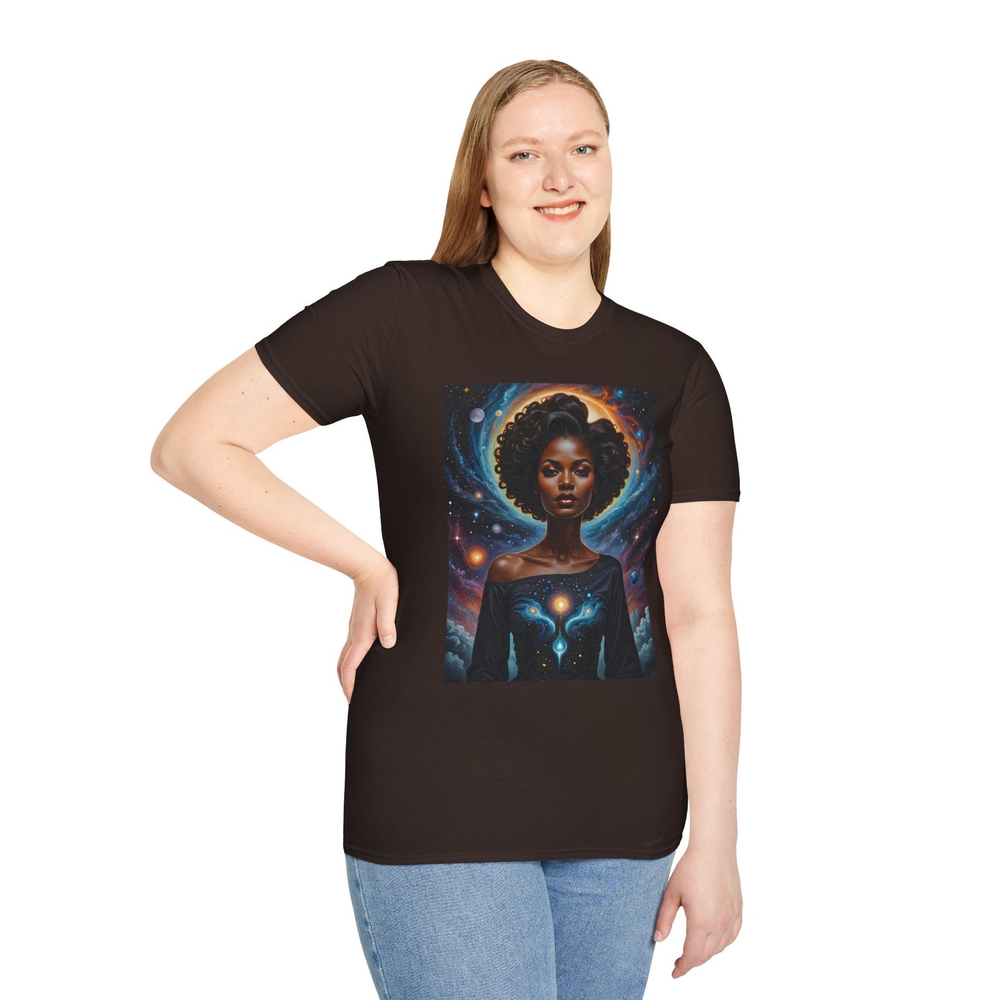 Afrofuturist Cosmic Energy T-Shirt – Celestial Power Graphic Tee, Spiritual Galaxy Shirt, Gift for Astrology Fans, Vibrant Universe Artwork
