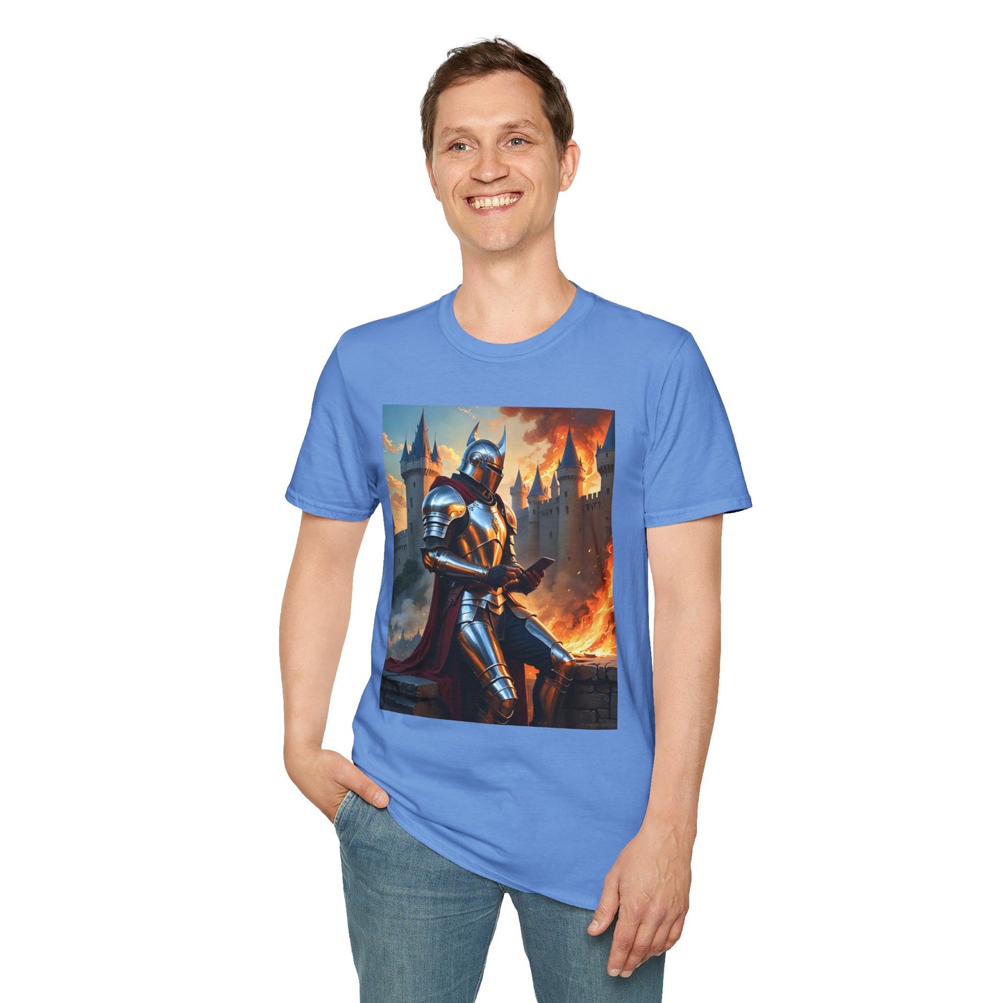 Knight in Burning Castle Shirt – Dark Fantasy Armor Tee – Gift for RPG Fans, Medieval Nerds, and Apocalyptic History Buffs