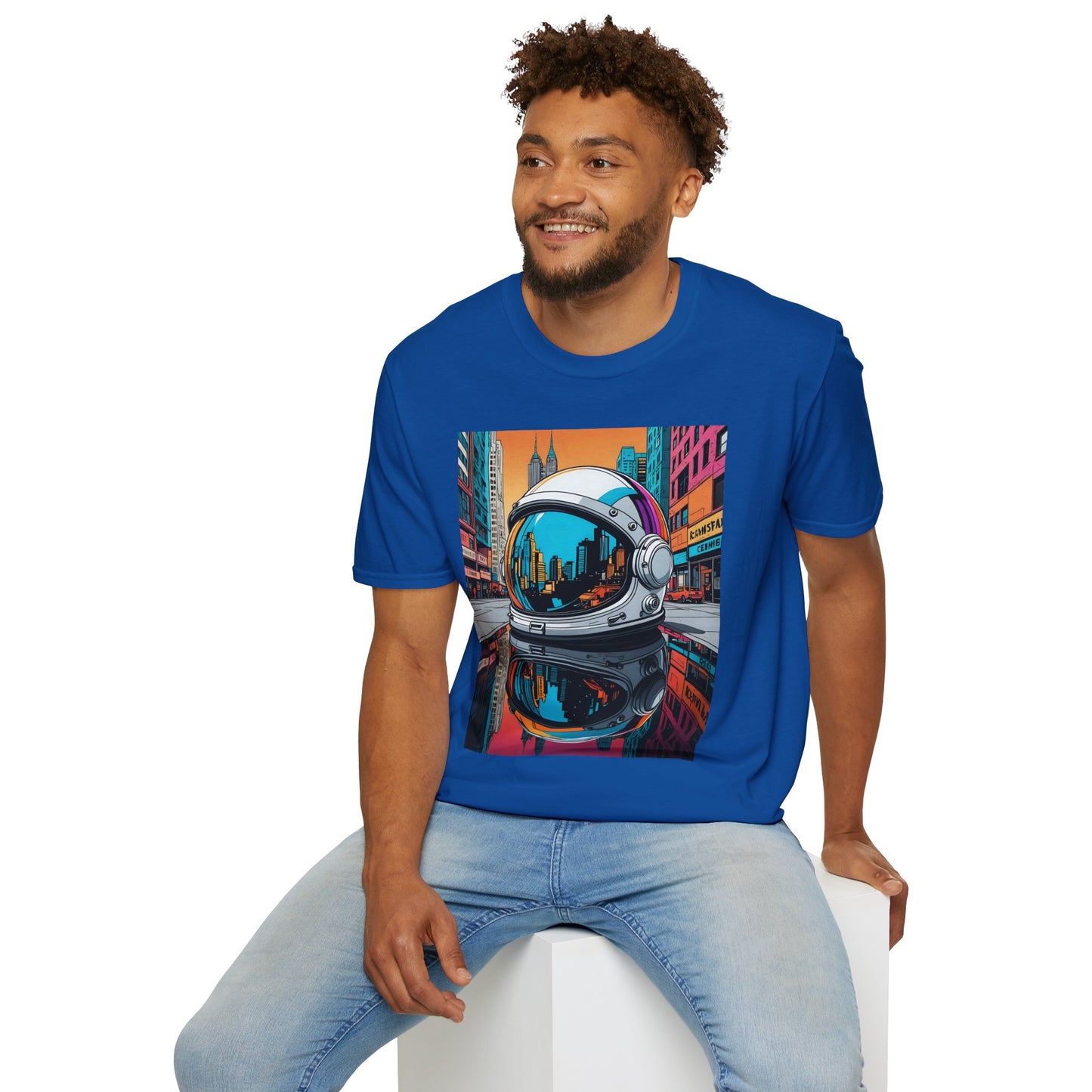 City Astronaut Reflection T-Shirt – Urban Space Art Tee – Gift for Sci-Fi Fans, Streetwear Addicts, and Cosmic Daydreamers