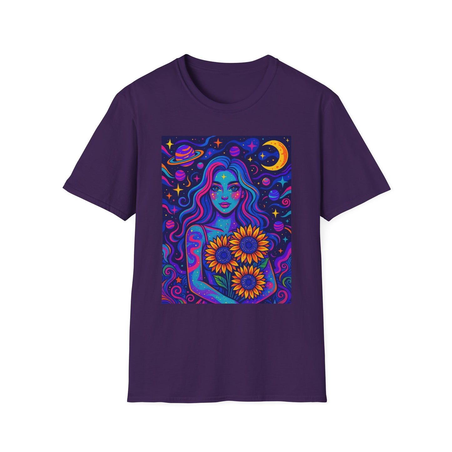 Psychedelic Sunflower Girl Shirt Trippy Space Goddess Tee Gift for Astrology Lovers Cosmic Art T Shirt for Hippies Star Gazers and Moon Magic Fans