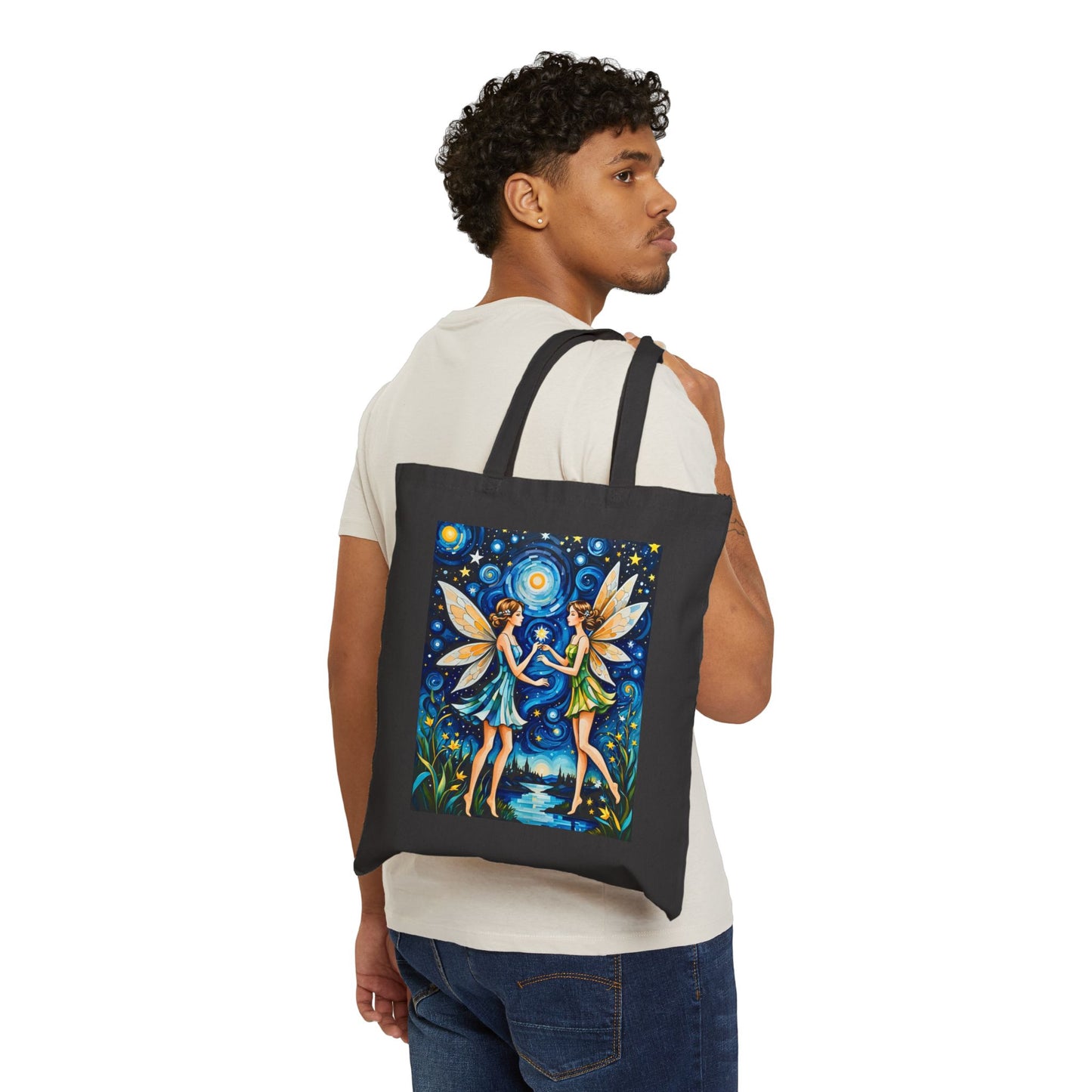 Starry Night Fairy Tote Bag Canvas Reusable Eco Friendly Whimsical Fantasy Art