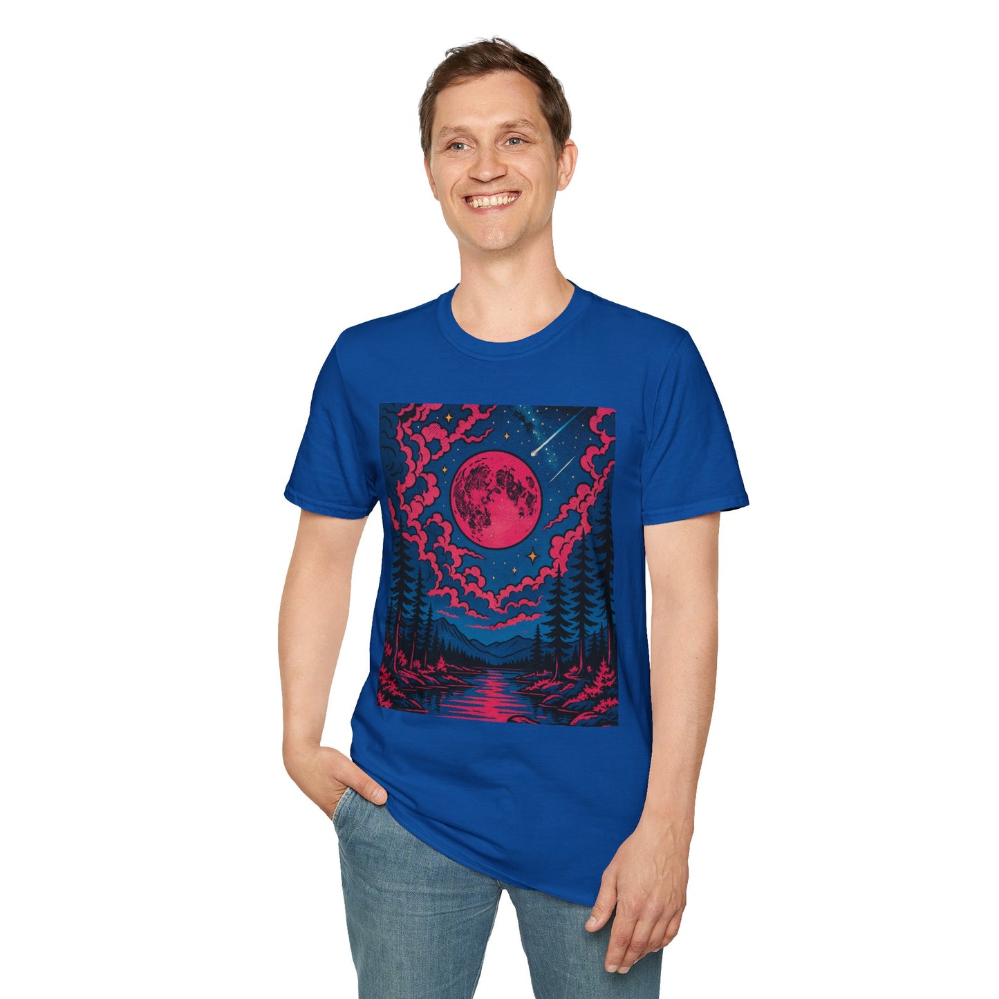 Trippy Red Moon Forest T-Shirt – Surreal Nature Graphic Tee • Psychedelic Night Sky Shirt • Gildan Softstyle® Unisex • Gift for Nature Lovers