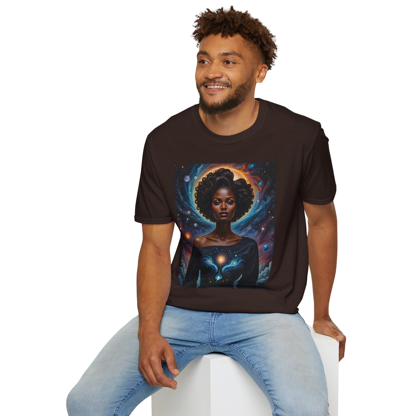 Afrofuturist Cosmic Energy T-Shirt – Celestial Power Graphic Tee, Spiritual Galaxy Shirt, Gift for Astrology Fans, Vibrant Universe Artwork