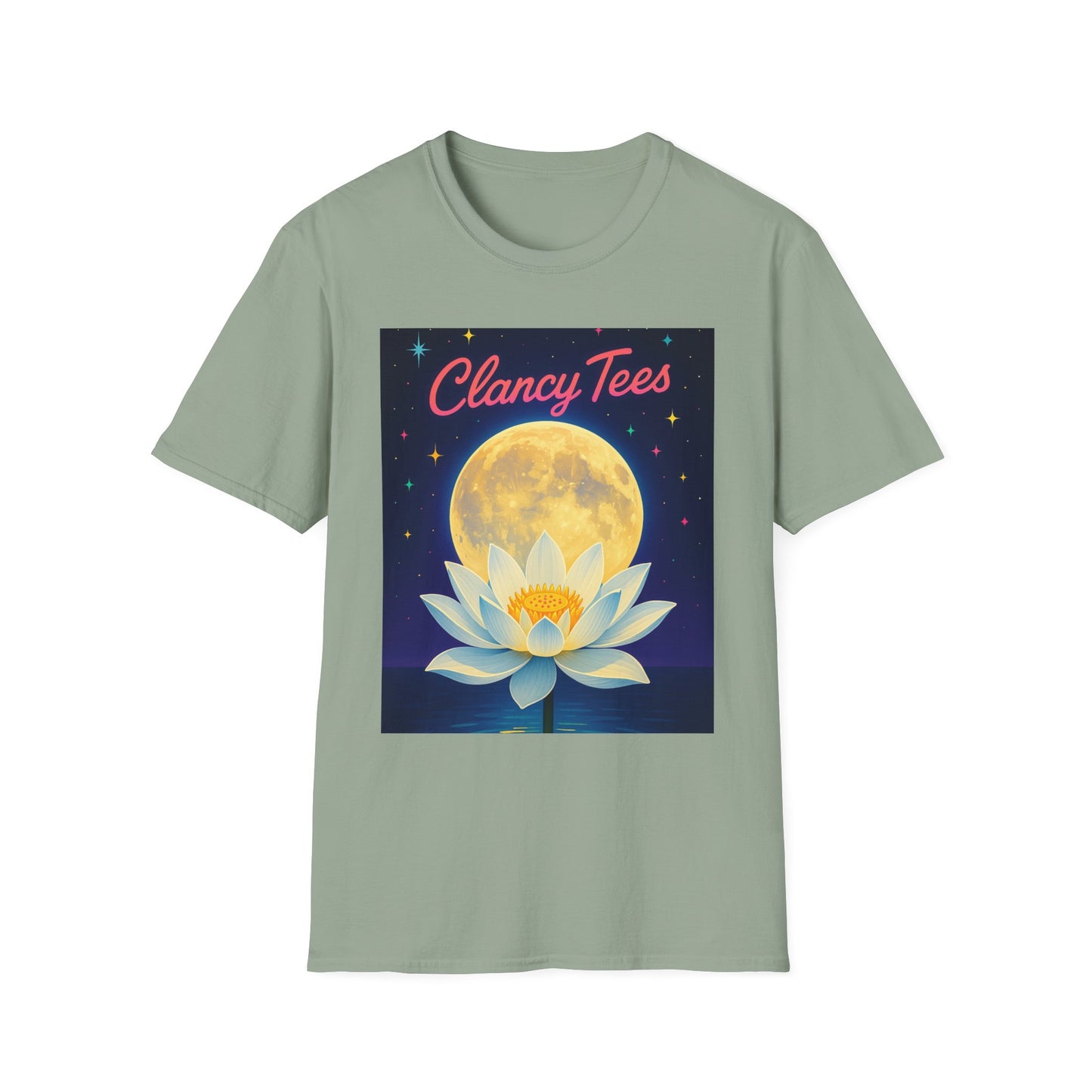 Moon Lotus Clancy Tees Shirt – Ethereal Floral T-Shirt with Full Moon Art – Gift for Nature Lovers, Yogis, Dreamers & Spiritual Aesthetic Fans