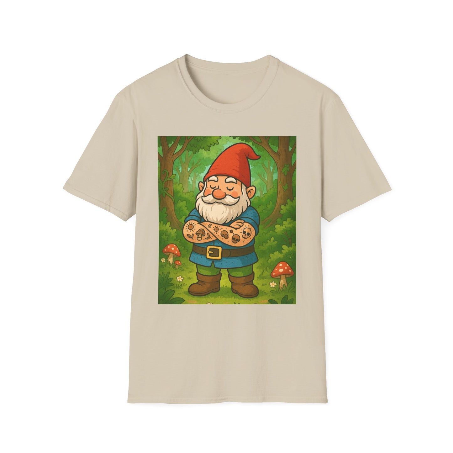 Tattooed Gnome T-Shirt – Funny Forest Inked Gnome Tee – Whimsical Tattoo Garden Shirt Gift for Mushroom Lovers, Gardeners, and Fantasy Fans