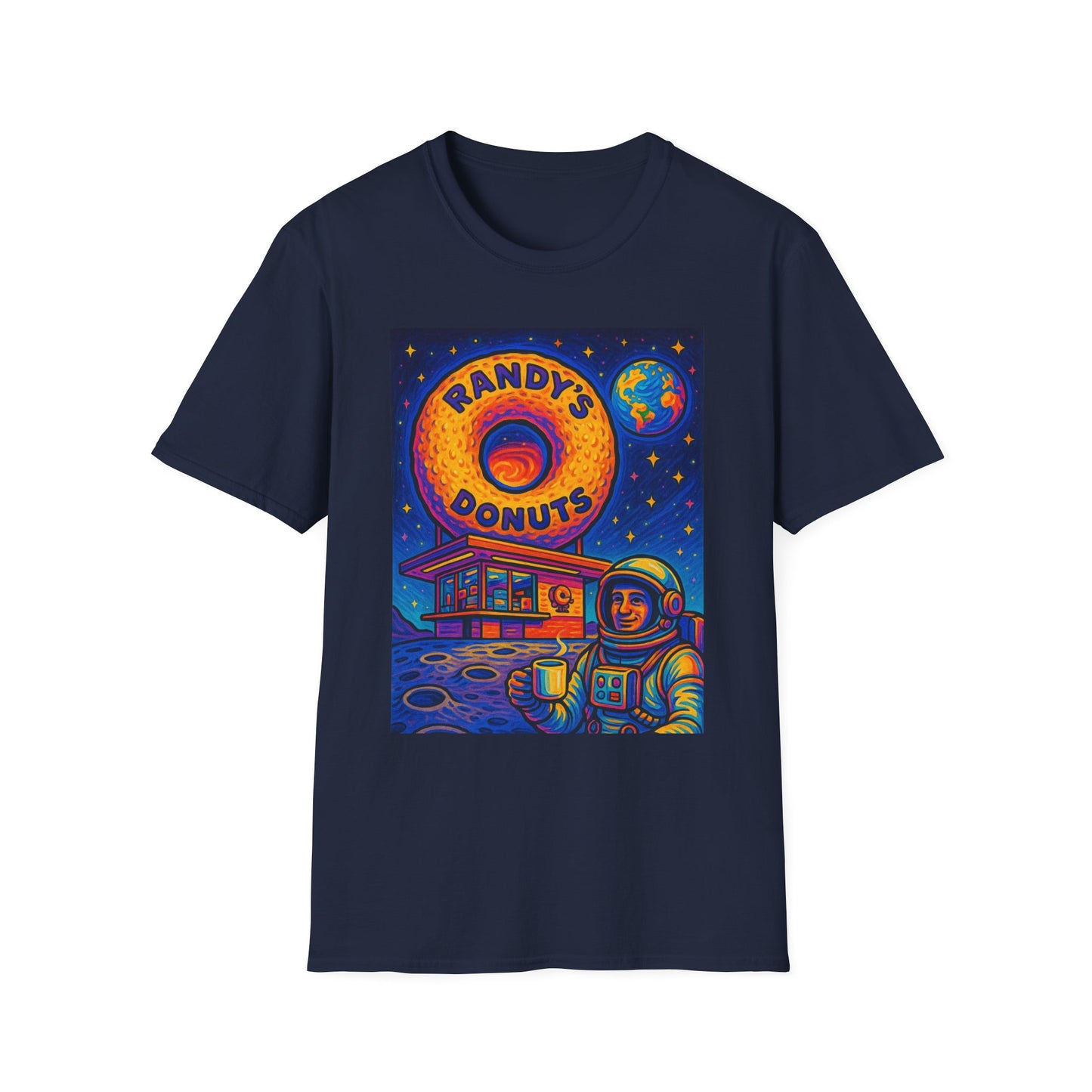 Space Donut T-Shirt – Retro Sci-Fi Astronaut Holding Coffee on the Moon – Gift for Foodies, Dreamers, and Outer Space Humor Fans