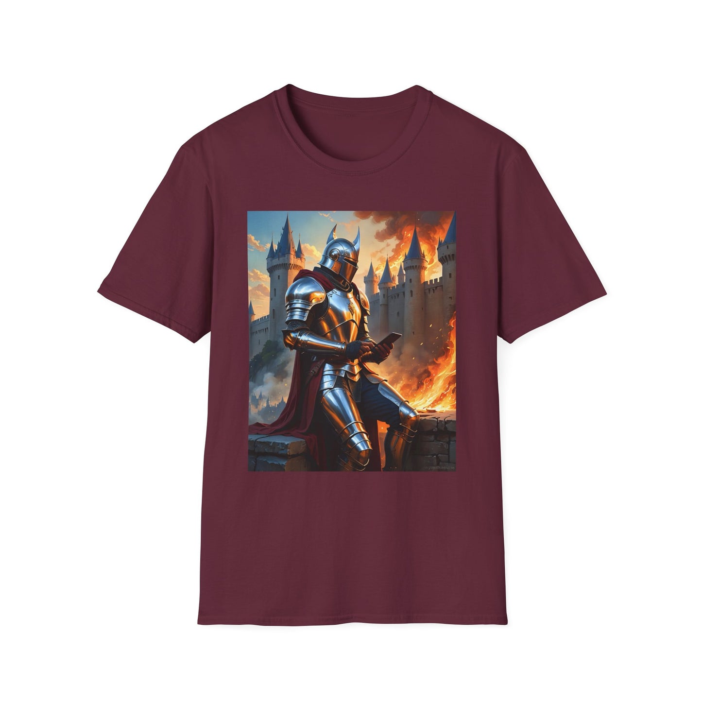 Knight in Burning Castle Shirt – Dark Fantasy Armor Tee – Gift for RPG Fans, Medieval Nerds, and Apocalyptic History Buffs