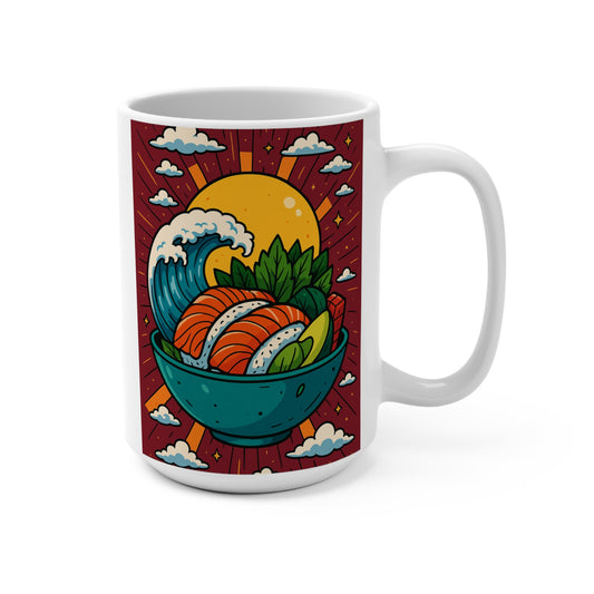 Sushi Bowl Ceramic Mug 15oz Japanese Food Coffee Cup Ocean Wave Sunrise Art Gift For Food Lovers