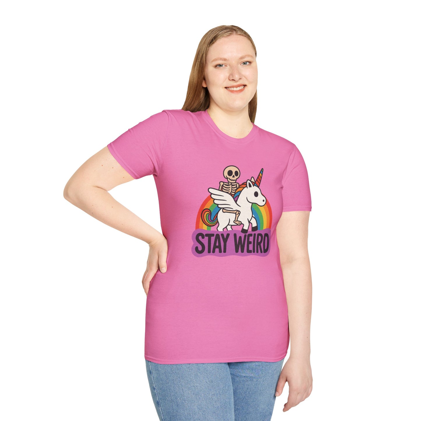 Stay Weird Skeleton Unicorn Shirt – Funny Rainbow Graphic Tee – Whimsical Weirdcore Clothing – Gift for Quirky Friends and Oddball Souls