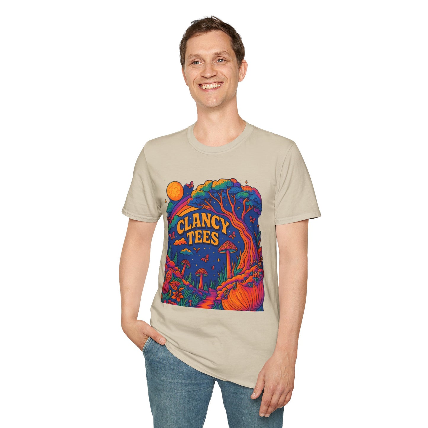 Colorful Nature-Themed Unisex Softstyle T-Shirt - Bohemian Vibe, Perfect for Festivals, Gift for Nature Lovers, Casual Wear, Clancy Tees