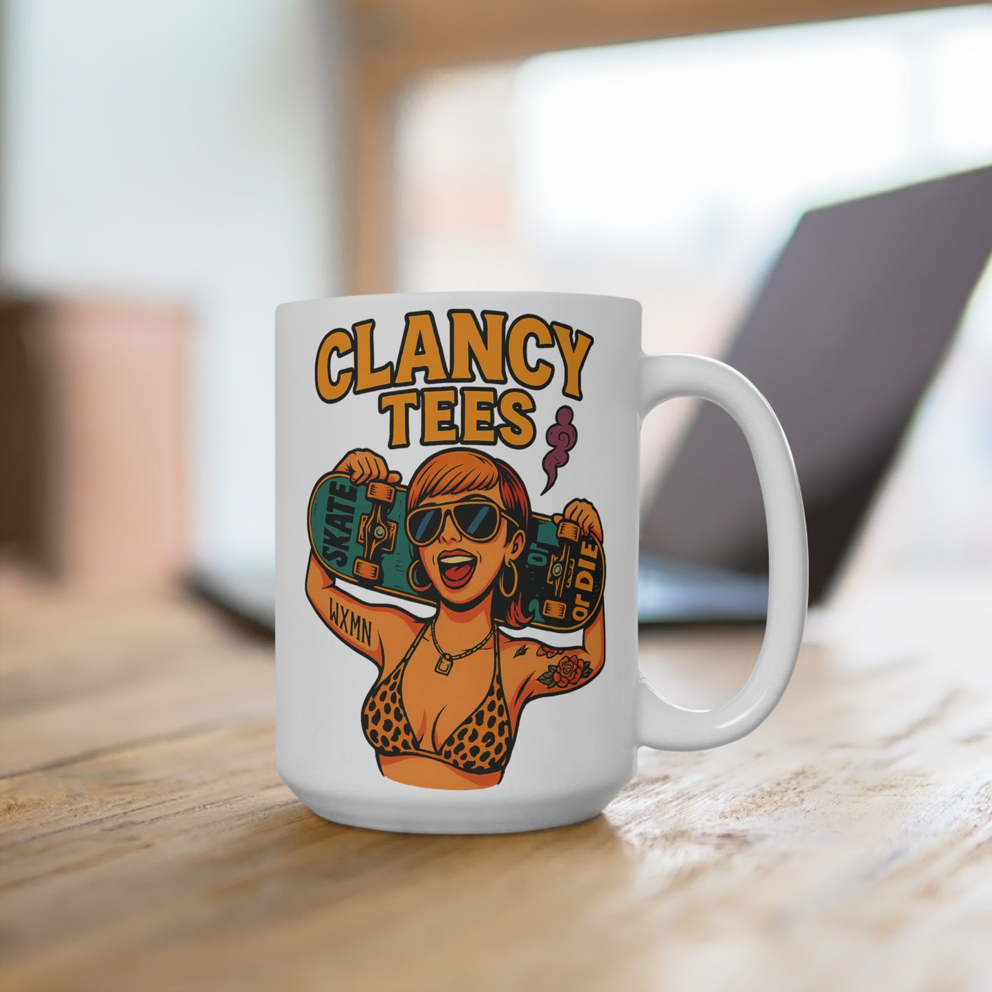Skater Girl Coffee Mug Funny 15oz Ceramic Cup Retro Tattoo Art Gift For Skateboarding Fans Bold Humor Morning Drinkware Unique ClancyTees Design