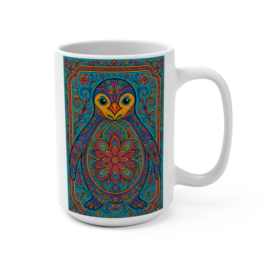 Colorful Penguin Mandala Mug Psychedelic Animal Art Coffee Cup Unique Ceramic Gift For Nature Lovers