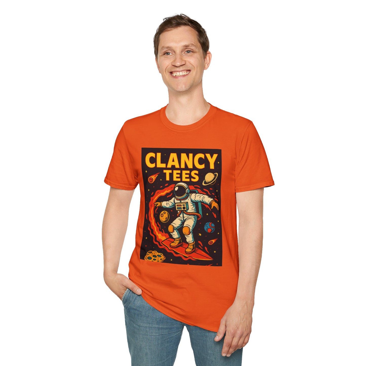 Astronaut Surfing T-Shirt – Outer Space Surfer Tee – Gift for Sci-Fi Beach Bums, Stoner Surfers, and Cosmic Wave Riders
