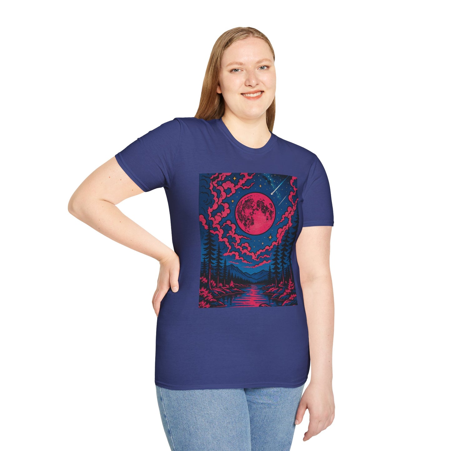 Trippy Red Moon Forest T-Shirt – Surreal Nature Graphic Tee • Psychedelic Night Sky Shirt • Gildan Softstyle® Unisex • Gift for Nature Lovers