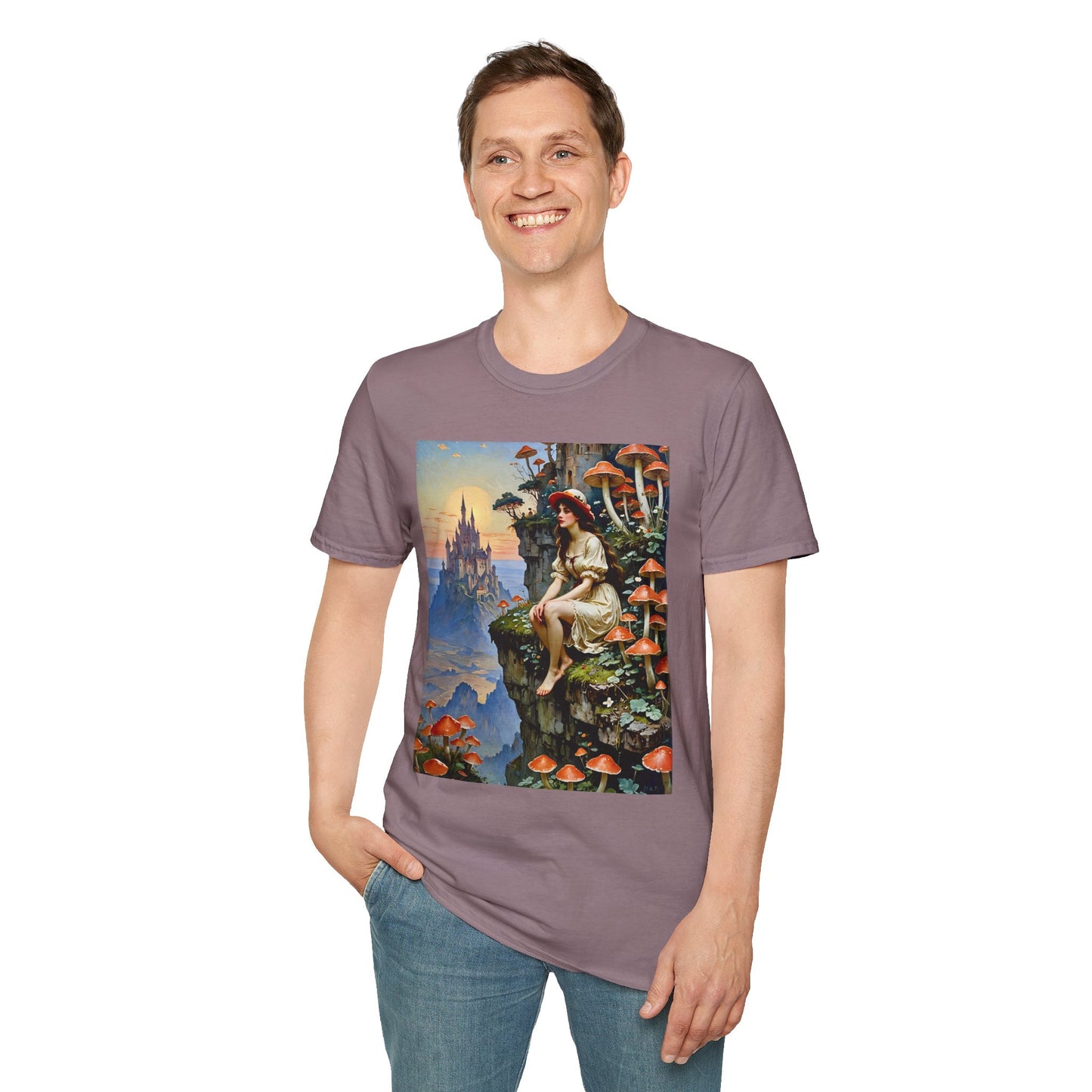 Fantasy Mushroom Fairy T-Shirt Enchanted Castle Cliffside Tee Surreal Magic Art Shirt Gift for Fantasy Fans Gift for Dreamers Psychedelic Nature Tee