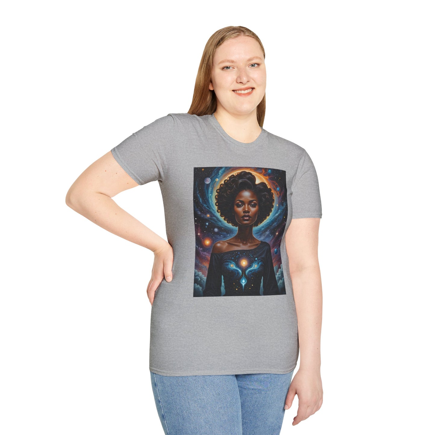 Afrofuturist Cosmic Energy T-Shirt – Celestial Power Graphic Tee, Spiritual Galaxy Shirt, Gift for Astrology Fans, Vibrant Universe Artwork