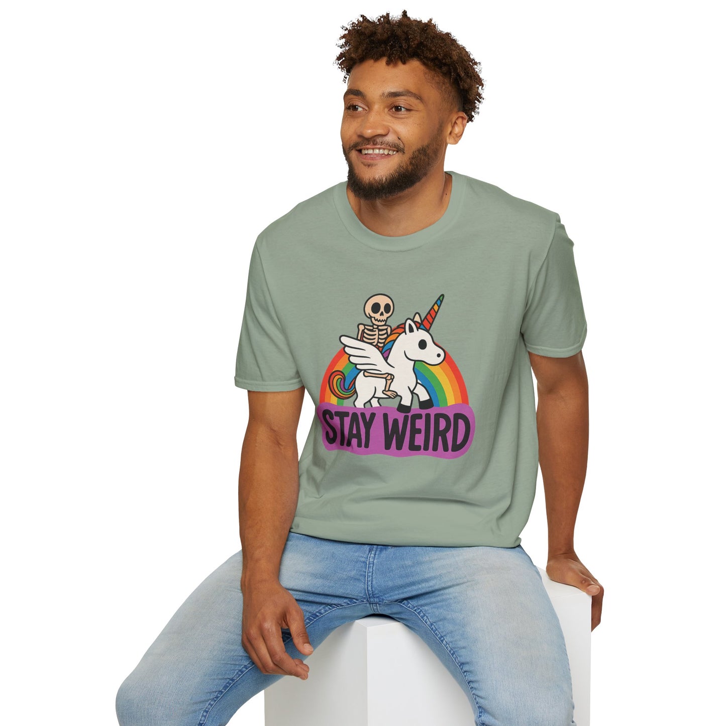 Stay Weird Skeleton Unicorn Shirt – Funny Rainbow Graphic Tee – Whimsical Weirdcore Clothing – Gift for Quirky Friends and Oddball Souls