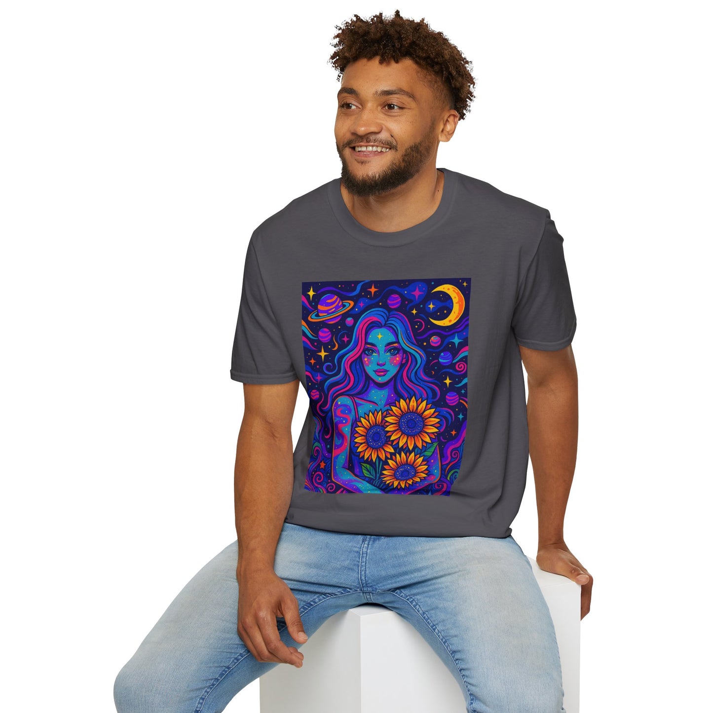 Psychedelic Sunflower Girl Shirt Trippy Space Goddess Tee Gift for Astrology Lovers Cosmic Art T Shirt for Hippies Star Gazers and Moon Magic Fans