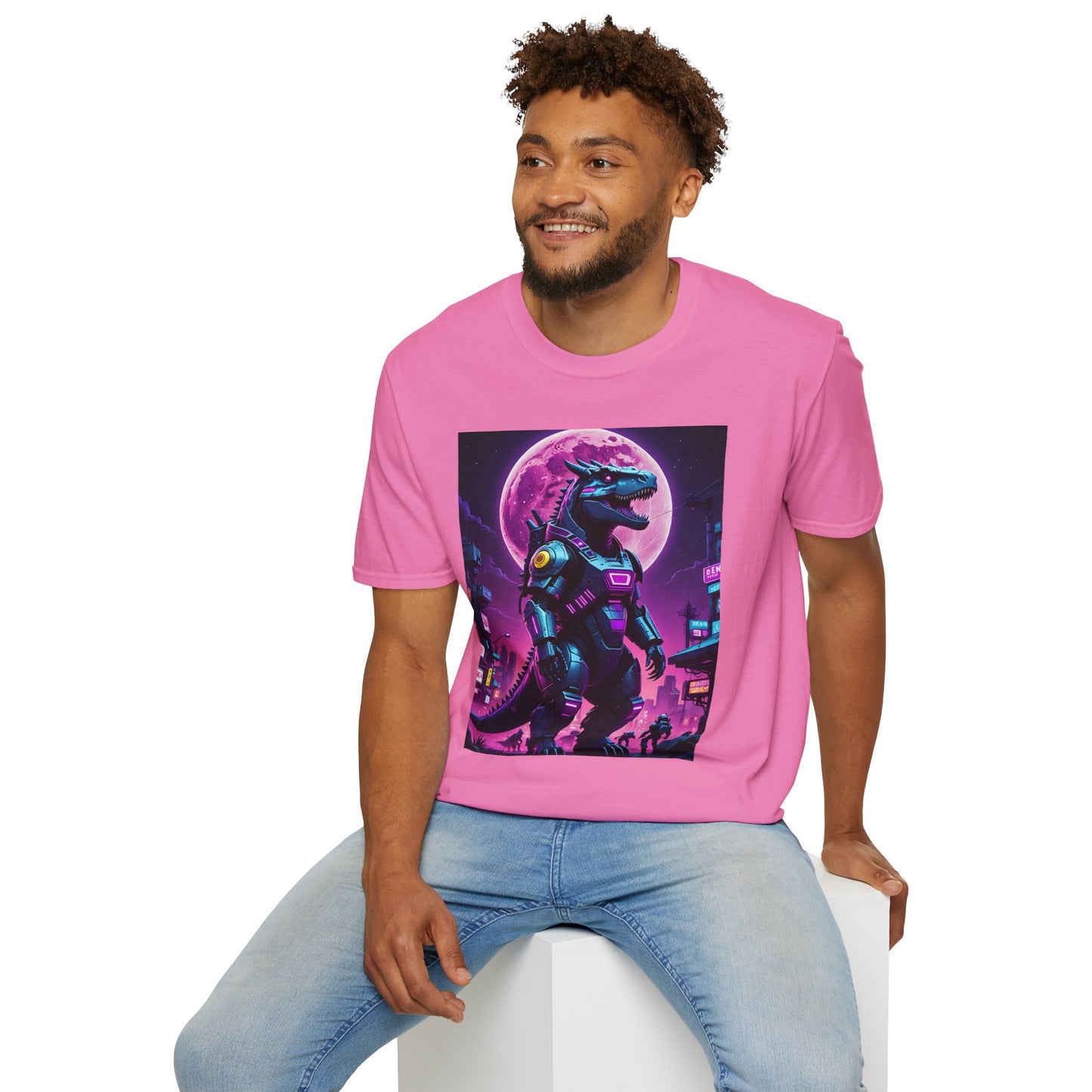 Cyberpunk Dinosaur T Shirt Neon Retro Graphic Tee Futuristic Monster Artwork Top Gift for Sci Fi Fans