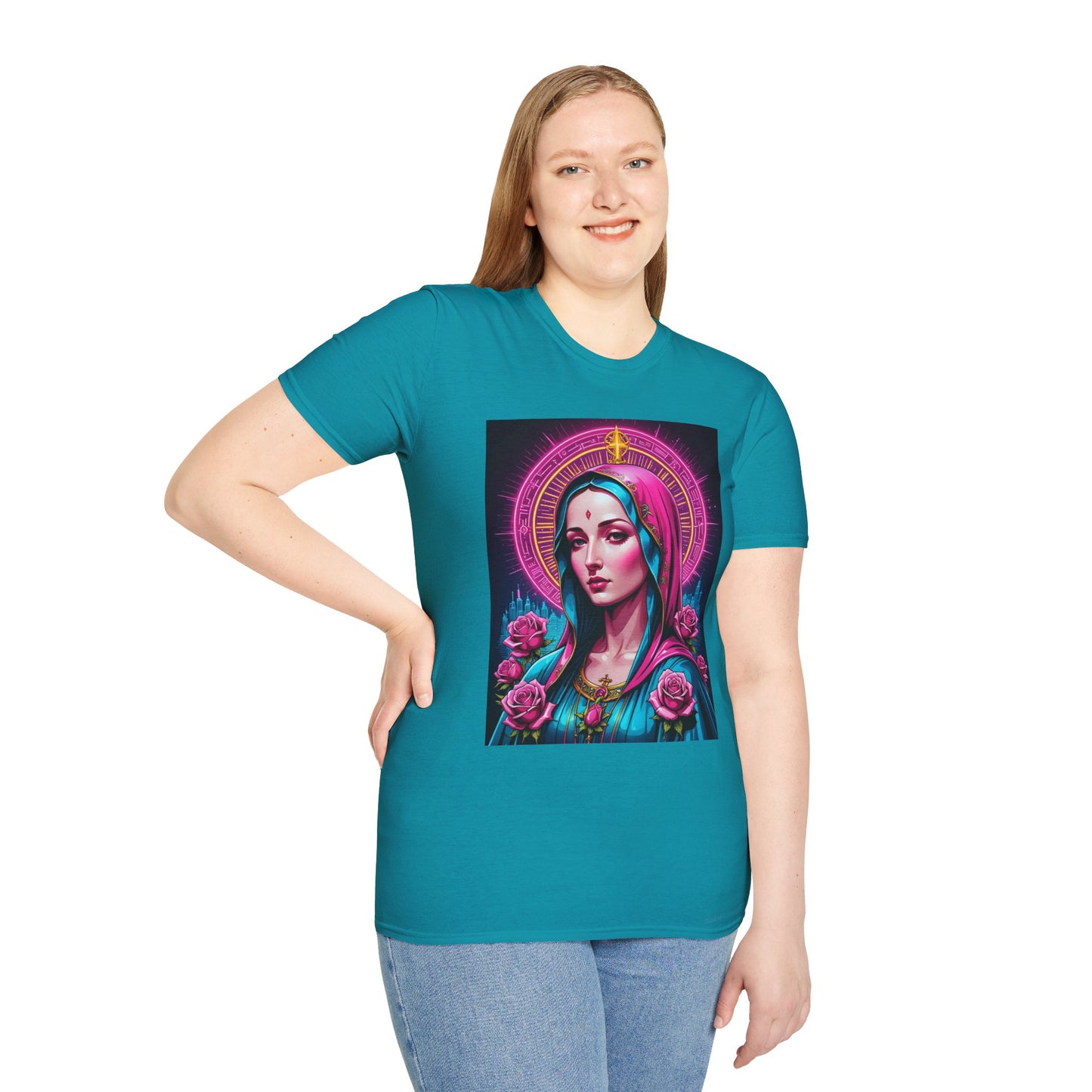 Religious Graphic Tee - Vibrant Mary Artwork, Gift for Devotees, Floral Design Shirt, Faith-Inspired Apparel, Everyday Wear