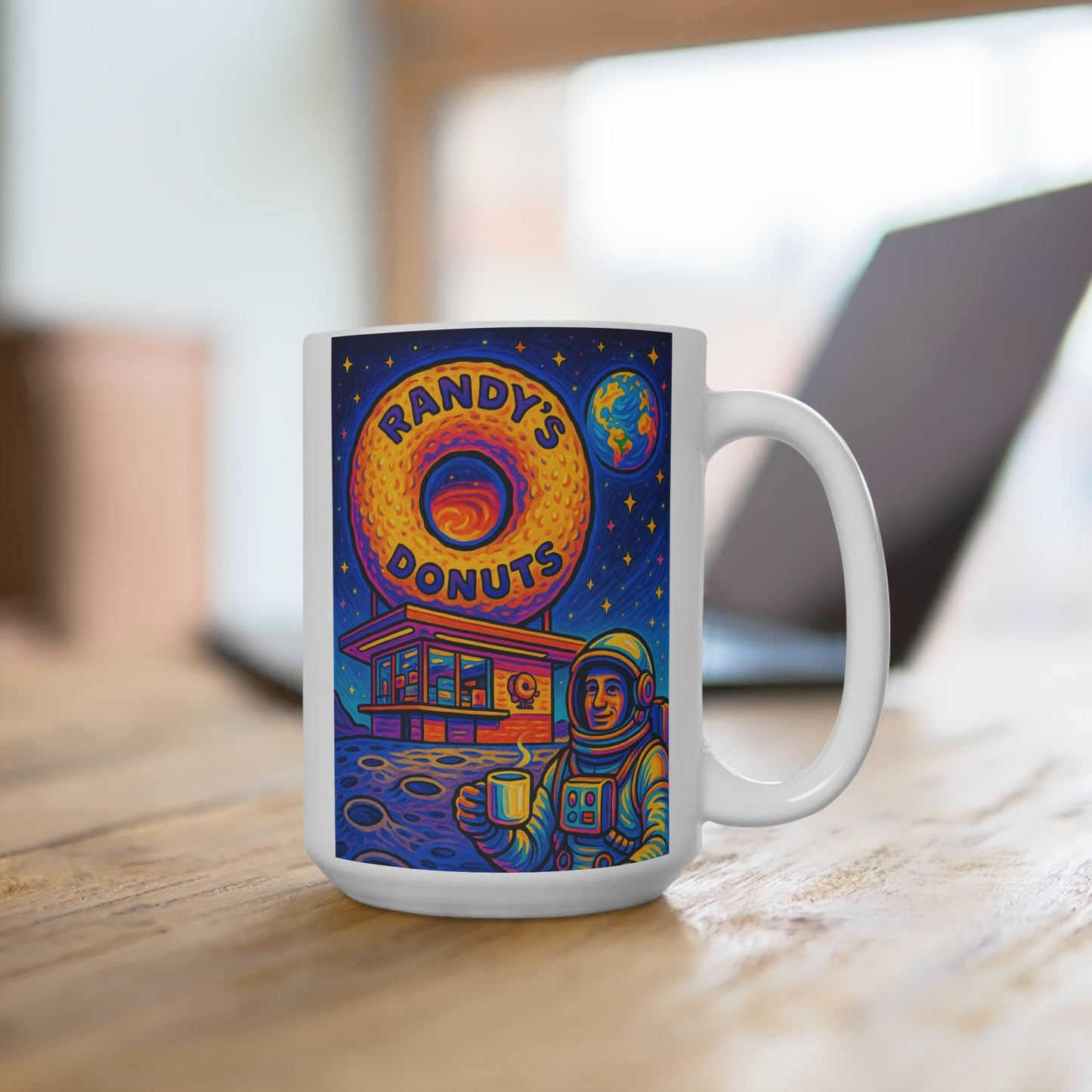 Randy’s Donuts Space Mug – Astronaut Coffee Cup, Retro Cosmic Diner Art, Trippy Galaxy Breakfast Gift