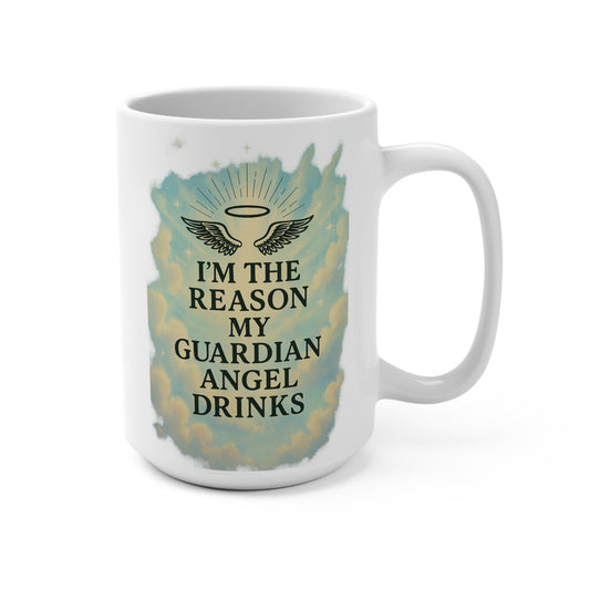 Guardian Angel Drinks Funny Coffee Mug – Sarcastic Religious Humor Cup, Gift for Sinners, Guardian Angel Joke 15oz