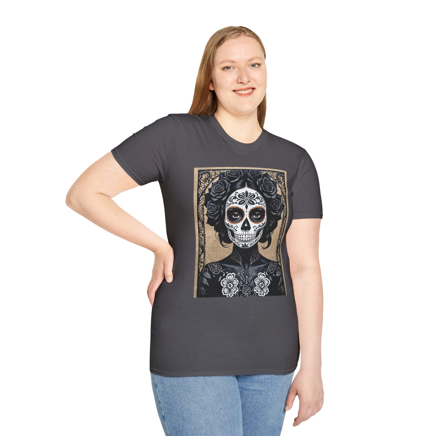 Black Floral Skull Tattoo Shirt – Gothic Día de los Muertos Tee – Gift for Skull Collectors, Tattoo Fans, and Alt Aesthetic Enthusiasts