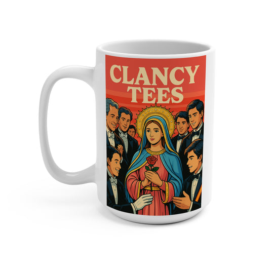 Blessed Virgin Mary Surrounded By Suitors Mug – Bold Retro Religious Coffee Cup, Funny Prayer Ceramic, Gift For Catholics And Icon Lovers