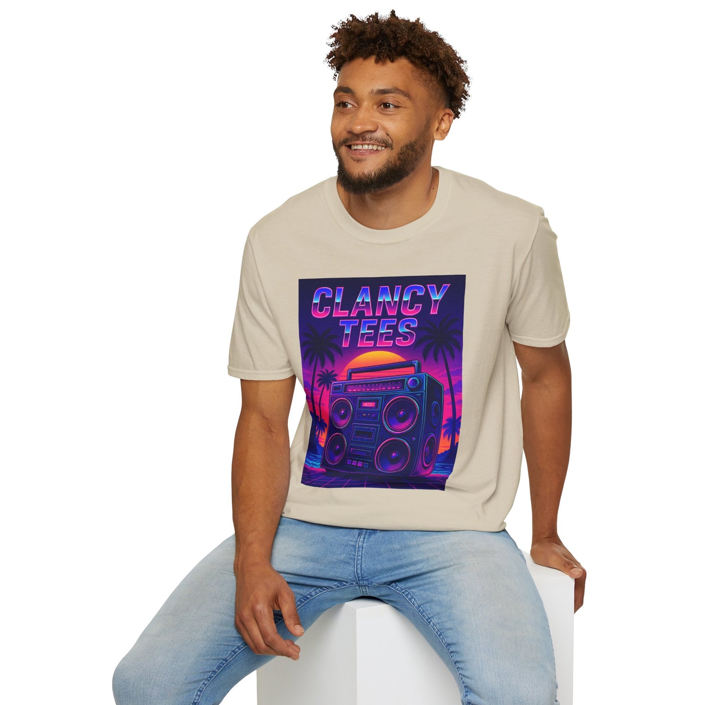 Retro Boombox Sunset Tee – Vaporwave Clancy Tees Shirt – Gift for 80s Kids, Music Lovers, Synthwave Fans & Nostalgic Neon Dreamers