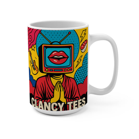 Retro Pop Art TV Head Mug Surreal Graphic Coffee Cup Gift For Pop Culture Fans