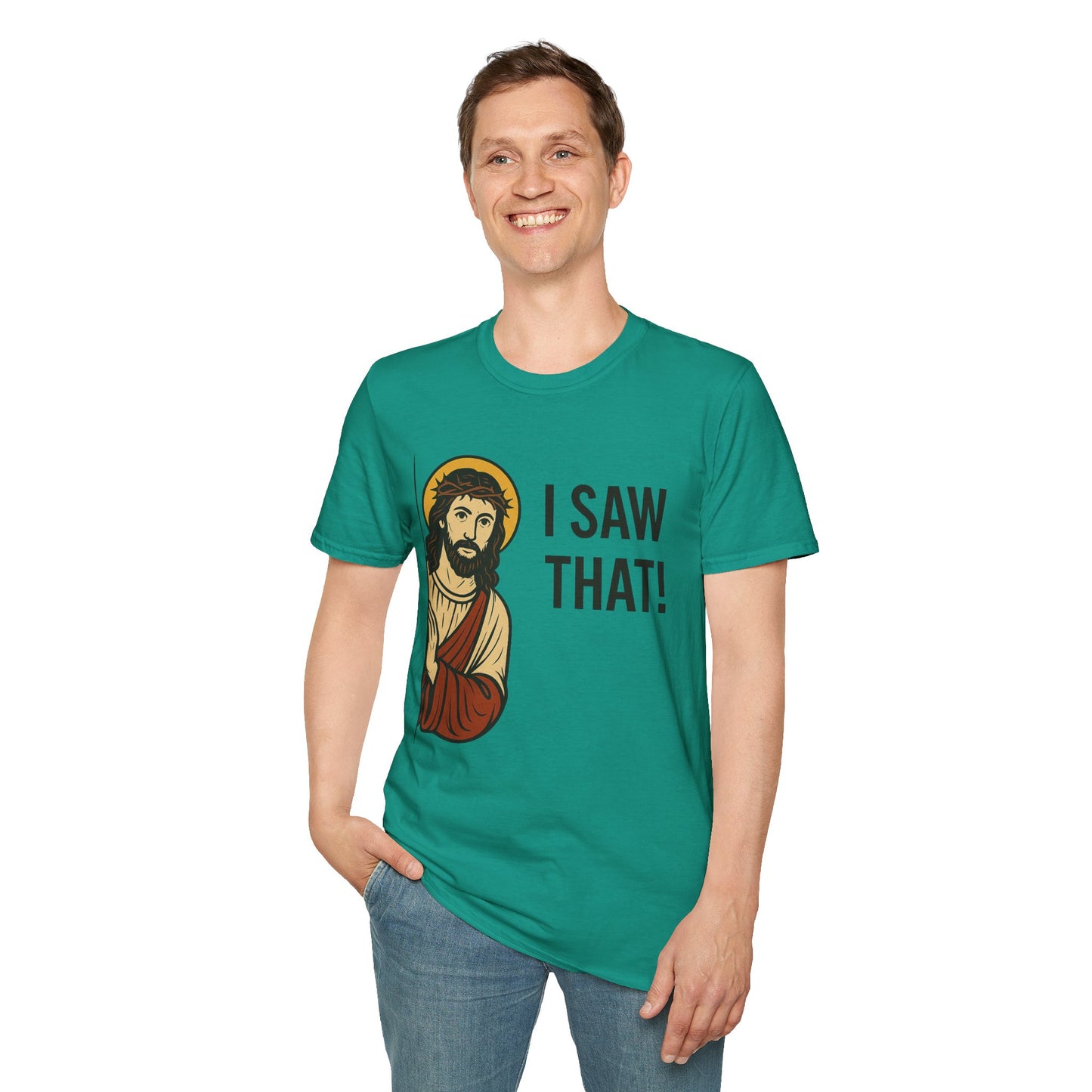 Funny Jesus Watching Shirt – I Saw That Religious Humor Tee – Christian Meme Graphic Tee – Gift for Church Friends and Sinners Alike