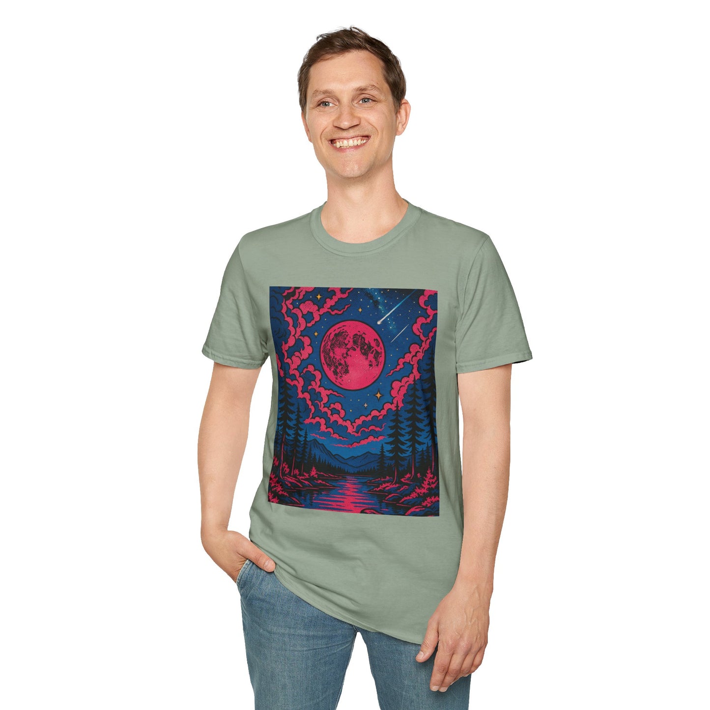 Trippy Red Moon Forest T-Shirt – Surreal Nature Graphic Tee • Psychedelic Night Sky Shirt • Gildan Softstyle® Unisex • Gift for Nature Lovers