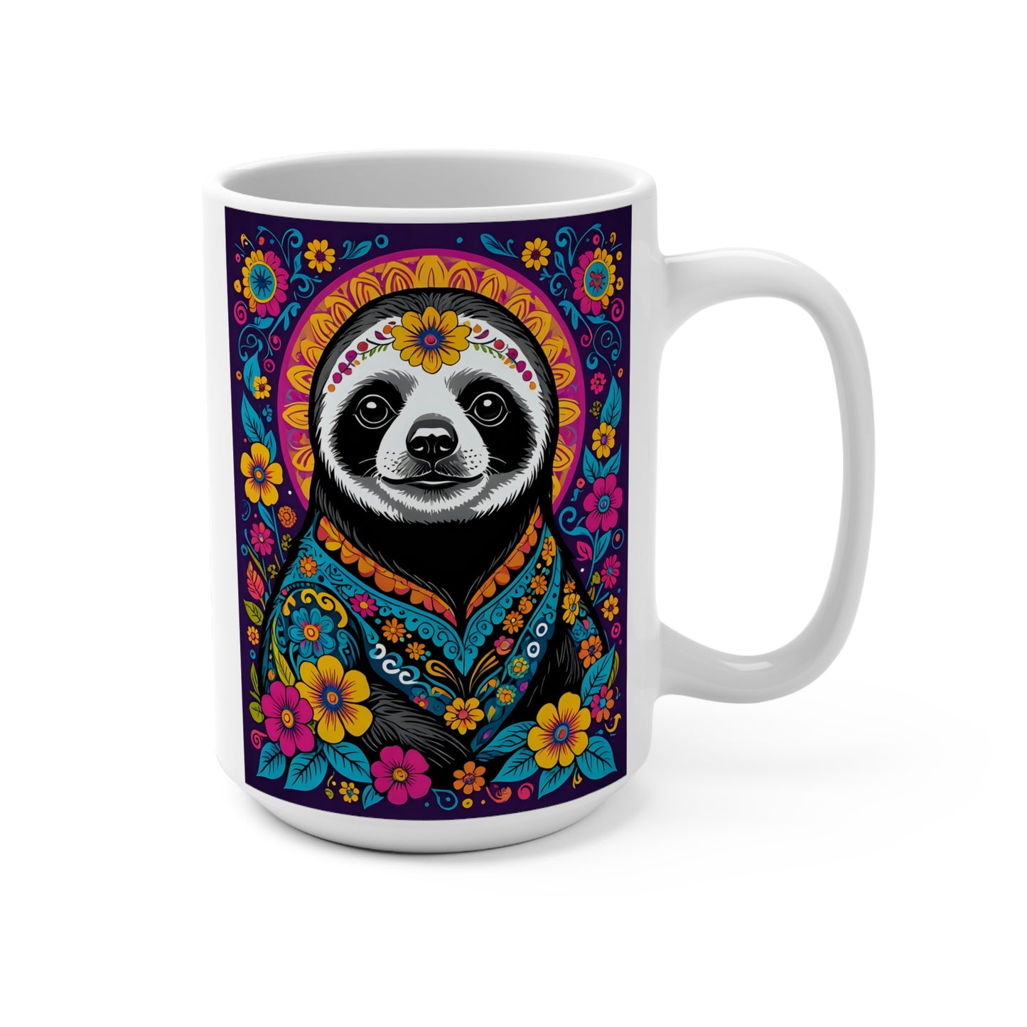 Colorful Sloth Mug Folk Art Coffee Cup Unique Animal Lover Gift Ceramic Drinkware