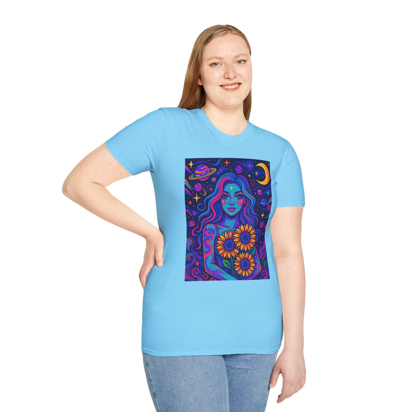 Psychedelic Sunflower Girl Shirt Trippy Space Goddess Tee Gift for Astrology Lovers Cosmic Art T Shirt for Hippies Star Gazers and Moon Magic Fans