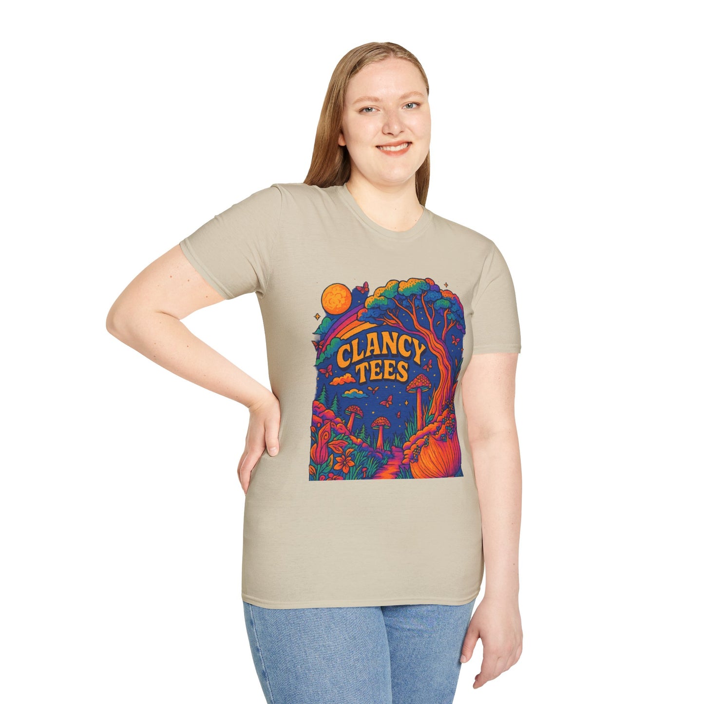 Colorful Nature-Themed Unisex Softstyle T-Shirt - Bohemian Vibe, Perfect for Festivals, Gift for Nature Lovers, Casual Wear, Clancy Tees