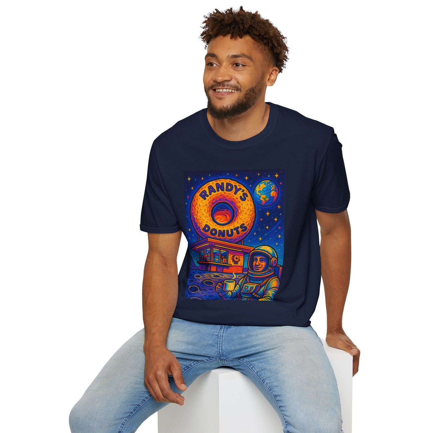 Space Donut T-Shirt – Retro Sci-Fi Astronaut Holding Coffee on the Moon – Gift for Foodies, Dreamers, and Outer Space Humor Fans