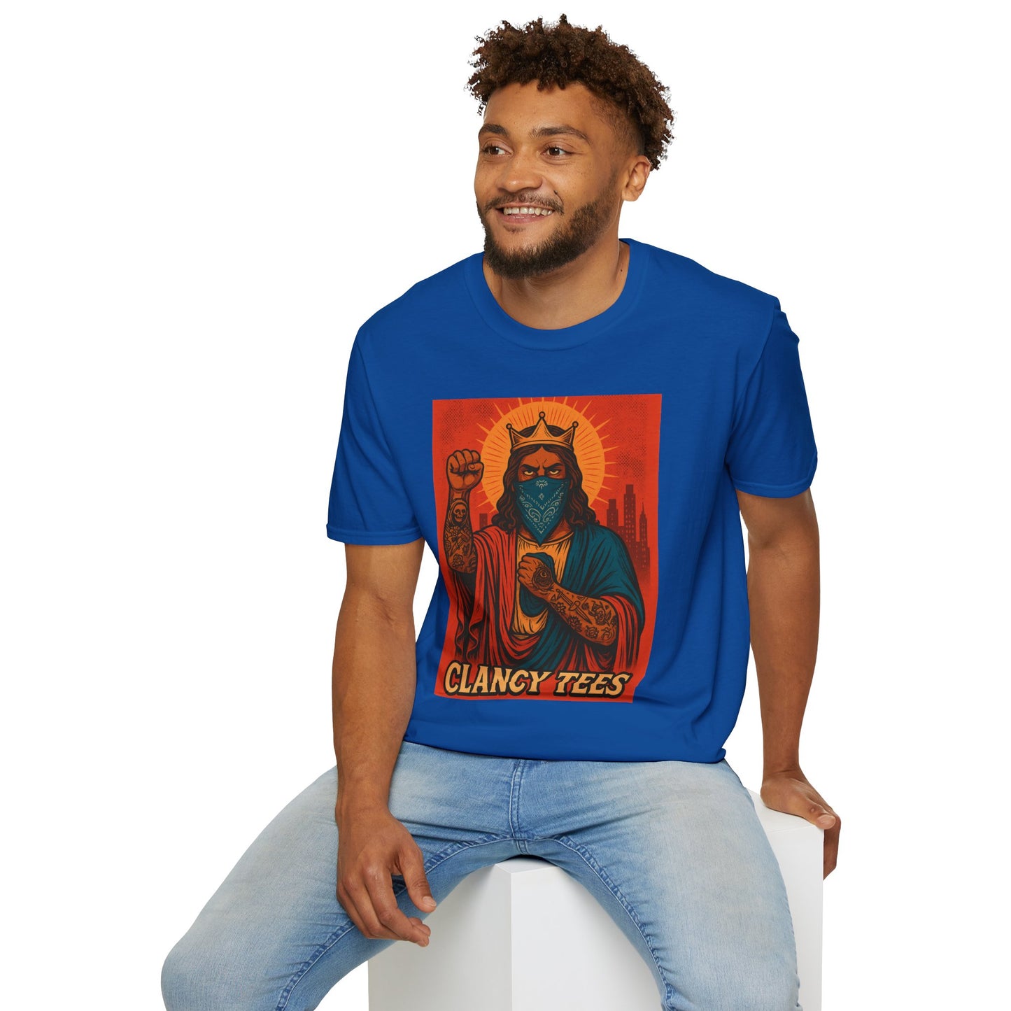 Tattooed Jesus Street Art Shirt – Clancy Tees | Urban Messiah Graphic Tee | Bold Religious Satire Shirt | King of the Block Tee