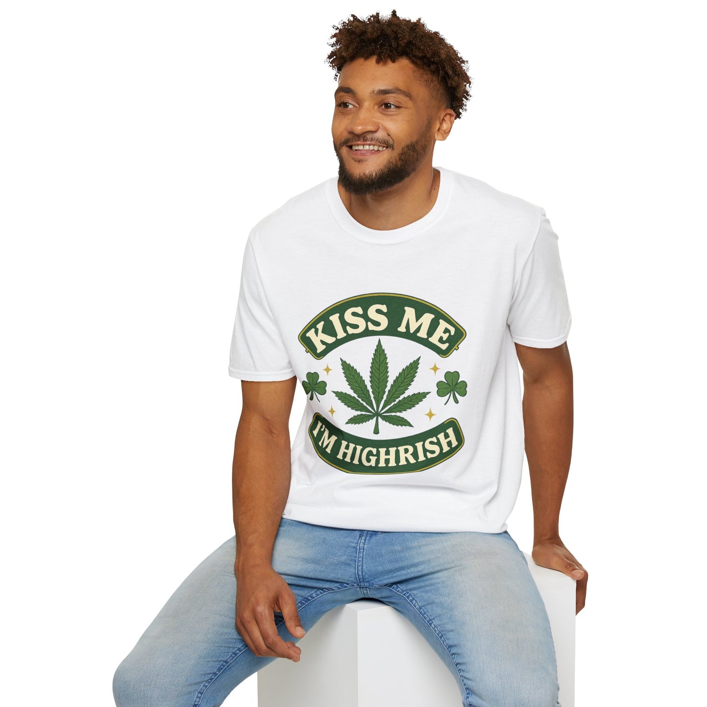 Kiss Me I’m Highrish Shirt – Funny Weed St. Patrick’s Day Tee – Cannabis Leaf Irish Parody Shirt – Gift for Stoner Friends and Green Beer Fans
