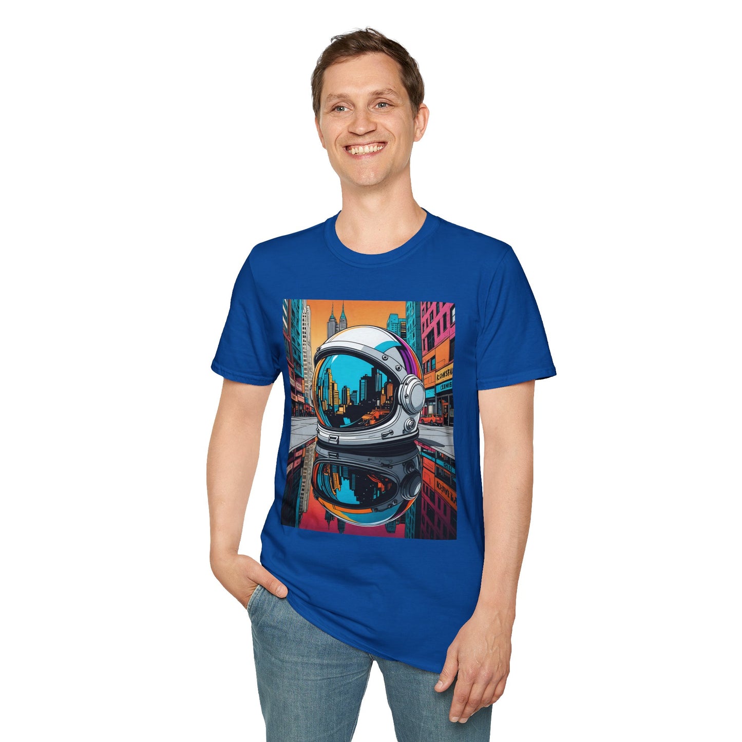 City Astronaut Reflection T-Shirt – Urban Space Art Tee – Gift for Sci-Fi Fans, Streetwear Addicts, and Cosmic Daydreamers