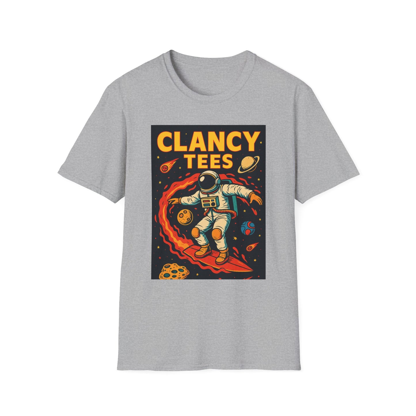 Astronaut Surfing T-Shirt – Outer Space Surfer Tee – Gift for Sci-Fi Beach Bums, Stoner Surfers, and Cosmic Wave Riders