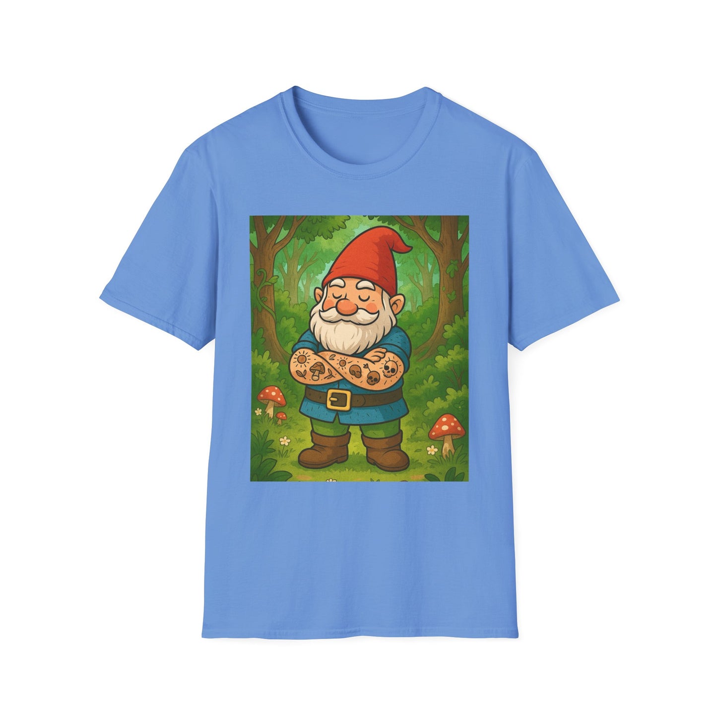 Tattooed Gnome T-Shirt – Funny Forest Inked Gnome Tee – Whimsical Tattoo Garden Shirt Gift for Mushroom Lovers, Gardeners, and Fantasy Fans