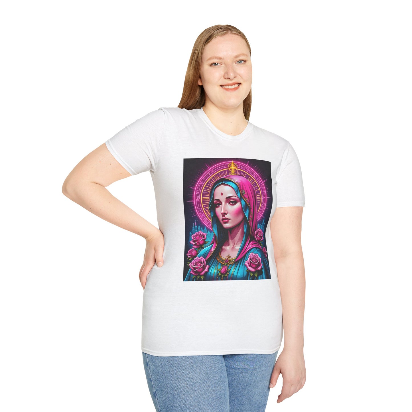 Religious Graphic Tee - Vibrant Mary Artwork, Gift for Devotees, Floral Design Shirt, Faith-Inspired Apparel, Everyday Wear
