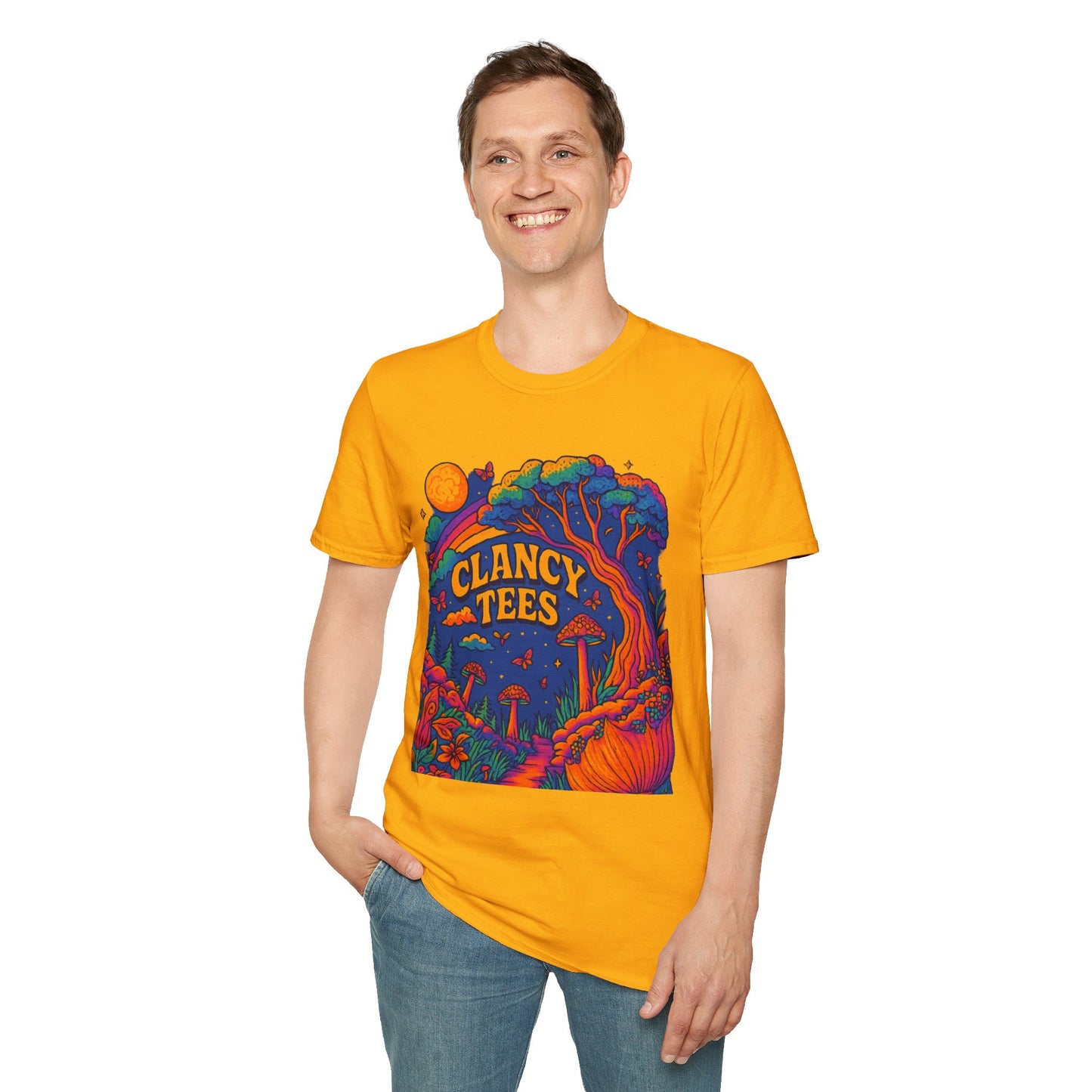 Colorful Nature-Themed Unisex Softstyle T-Shirt - Bohemian Vibe, Perfect for Festivals, Gift for Nature Lovers, Casual Wear, Clancy Tees