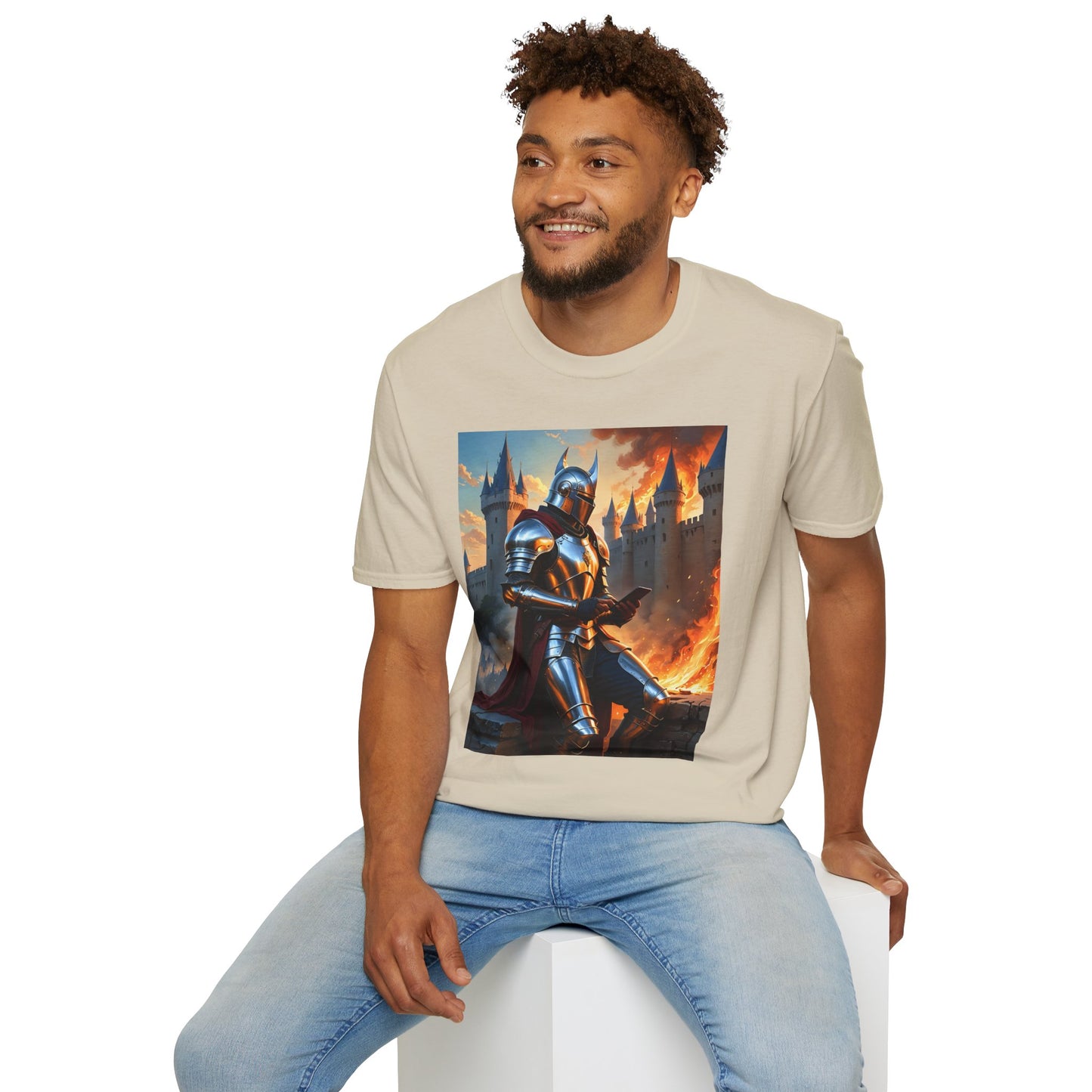 Knight in Burning Castle Shirt – Dark Fantasy Armor Tee – Gift for RPG Fans, Medieval Nerds, and Apocalyptic History Buffs