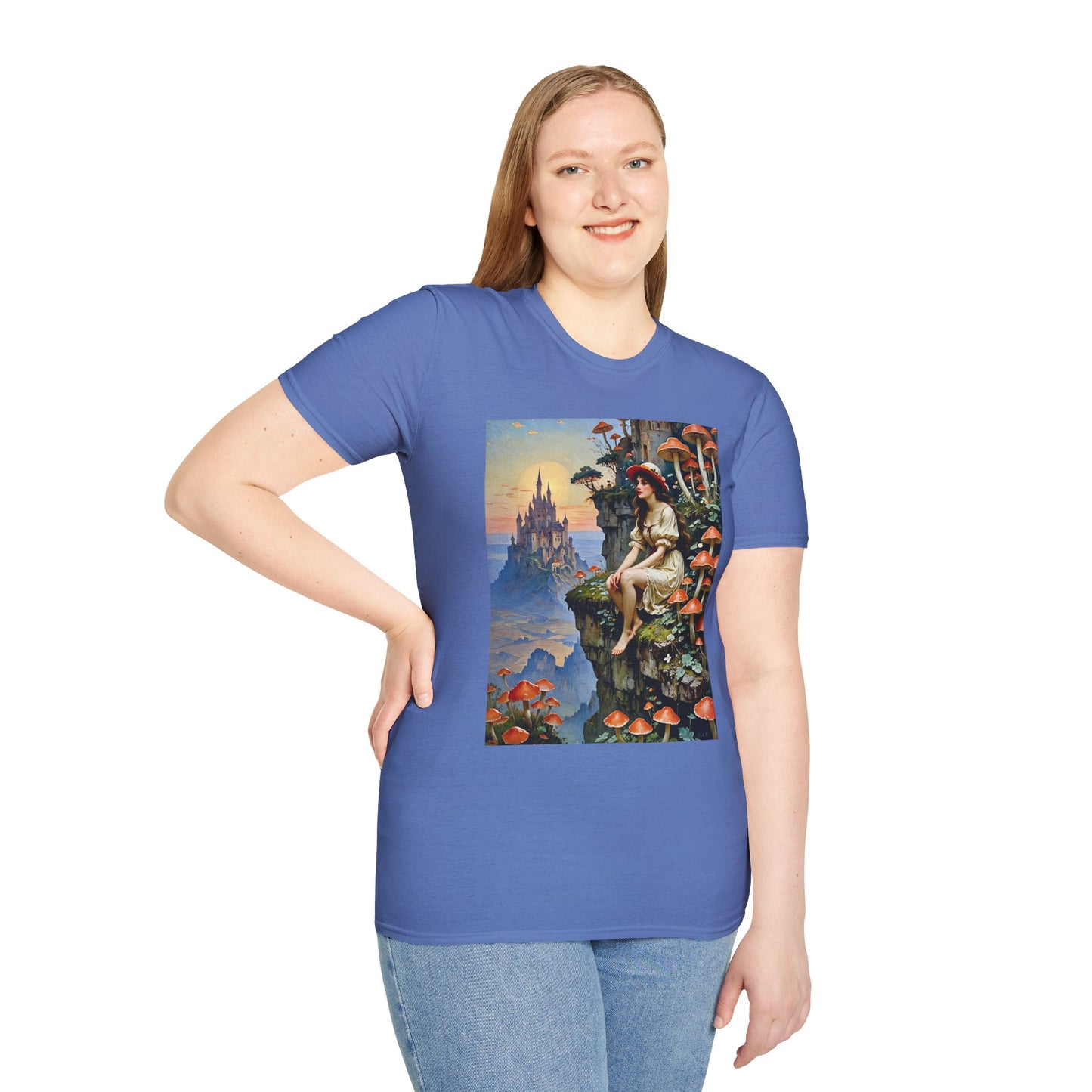 Fantasy Mushroom Fairy T-Shirt Enchanted Castle Cliffside Tee Surreal Magic Art Shirt Gift for Fantasy Fans Gift for Dreamers Psychedelic Nature Tee