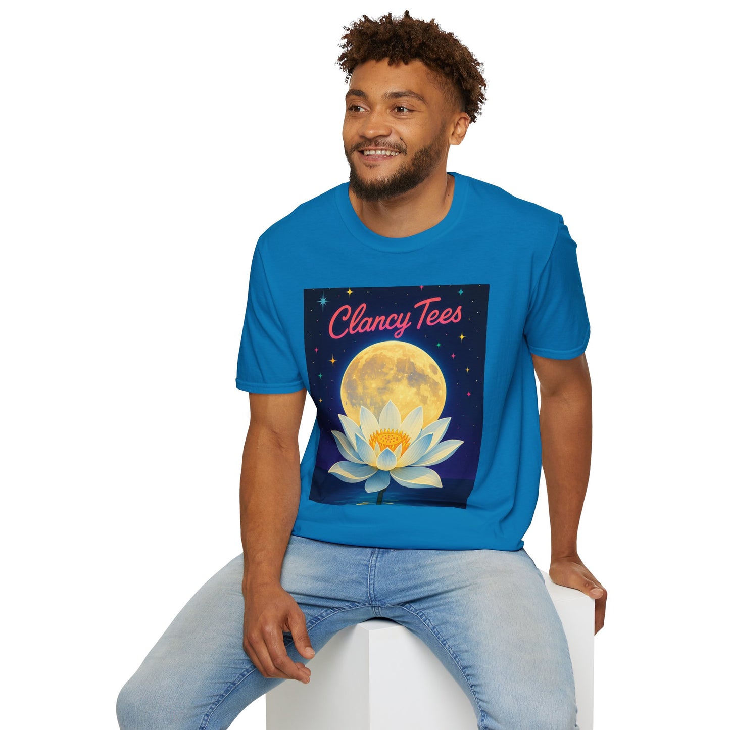 Moon Lotus Clancy Tees Shirt – Ethereal Floral T-Shirt with Full Moon Art – Gift for Nature Lovers, Yogis, Dreamers & Spiritual Aesthetic Fans