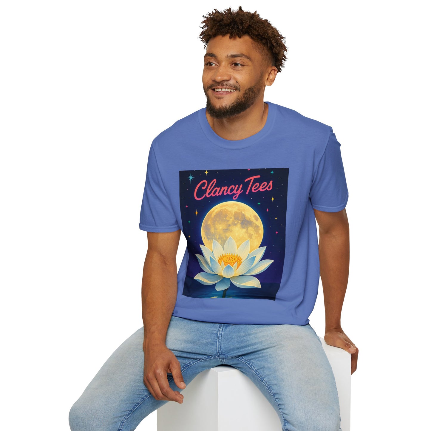 Moon Lotus Clancy Tees Shirt – Ethereal Floral T-Shirt with Full Moon Art – Gift for Nature Lovers, Yogis, Dreamers & Spiritual Aesthetic Fans