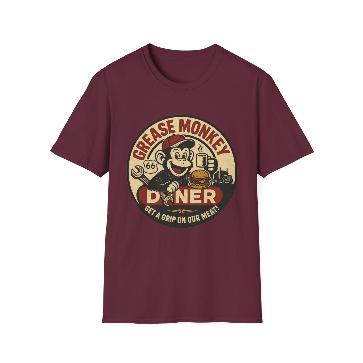Grease Monkey Diner T-Shirt – Retro Mechanic Mascot Tee – Funny Vintage Roadside Shirt Gift for Car Guys, Grill Masters, and Route 66 Road Trip Fans